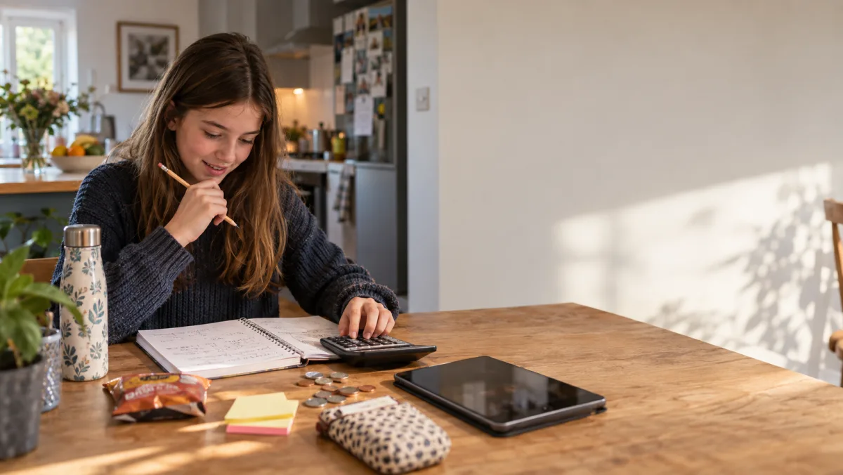 A child working through real-world problems with a calculator, notebook and coins at a kitchen table