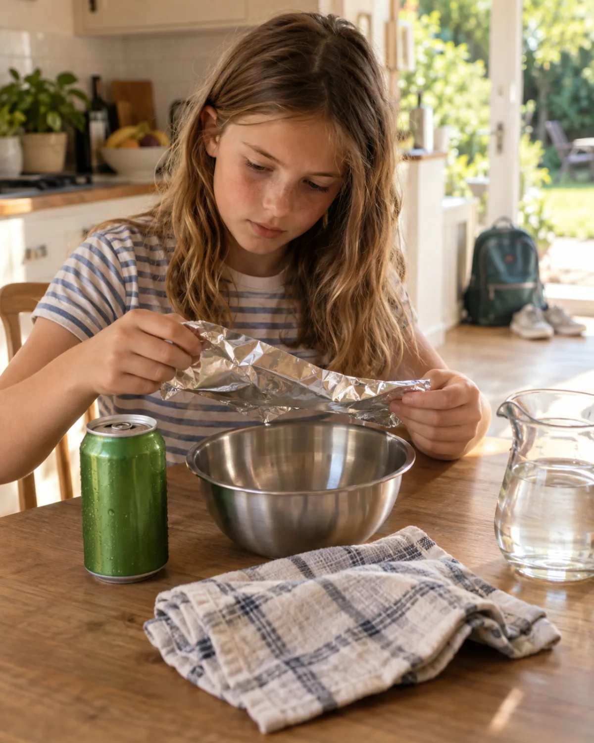 A child figuring out how to keep a drink cold using a tea towel, foil and a bowl